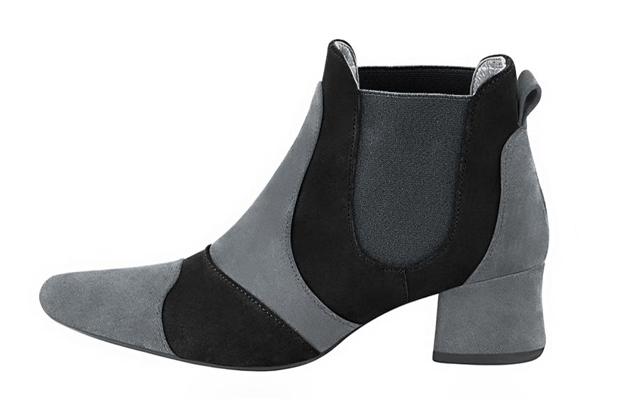 Dove grey and matt black women's ankle boots, with elastics. Round toe. Low flare heels. Profile view - Florence KOOIJMAN